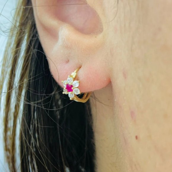 14K Yellow Gold Flowers Huggies Hoop Earrings Birthstones 11x13mm for Baby Girls - Picture 8 of 16